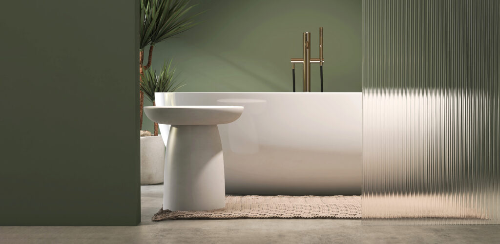 White round side table podium, bathtub, reeded glass partition in modern and luxury bathroom with sunlight and leaf shadow on green wall and cement floor for product display background